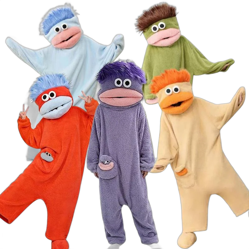 Five monster onesies in green, blue, purple, red and butter yellow
