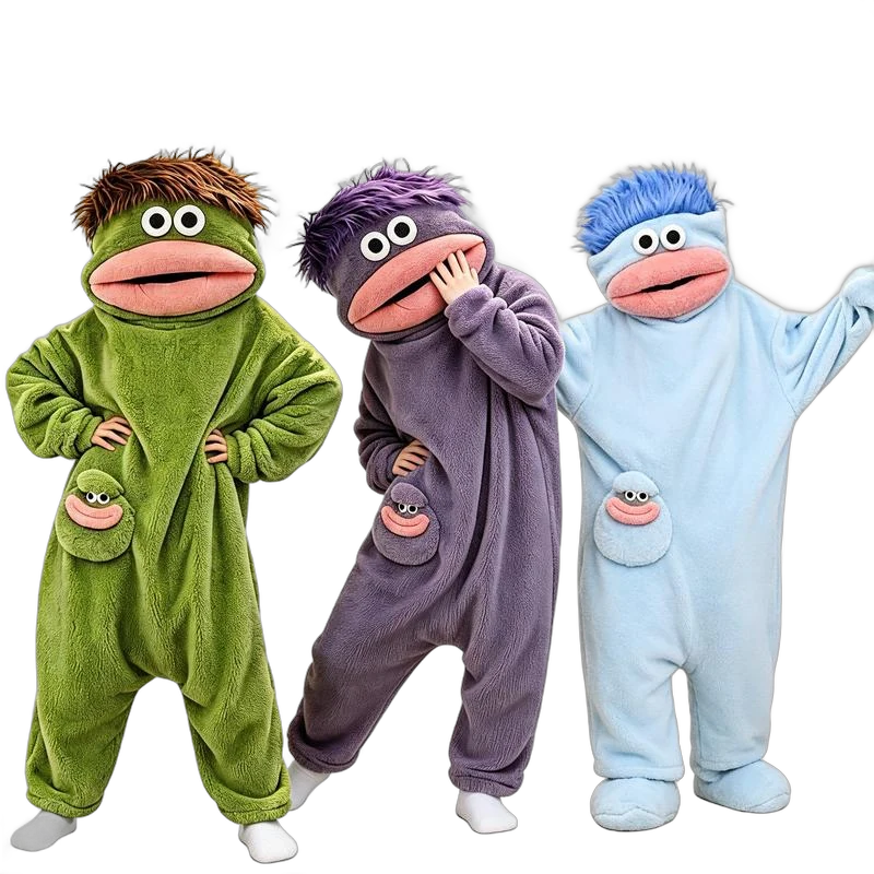 Three monster onesies in green, purple and blue